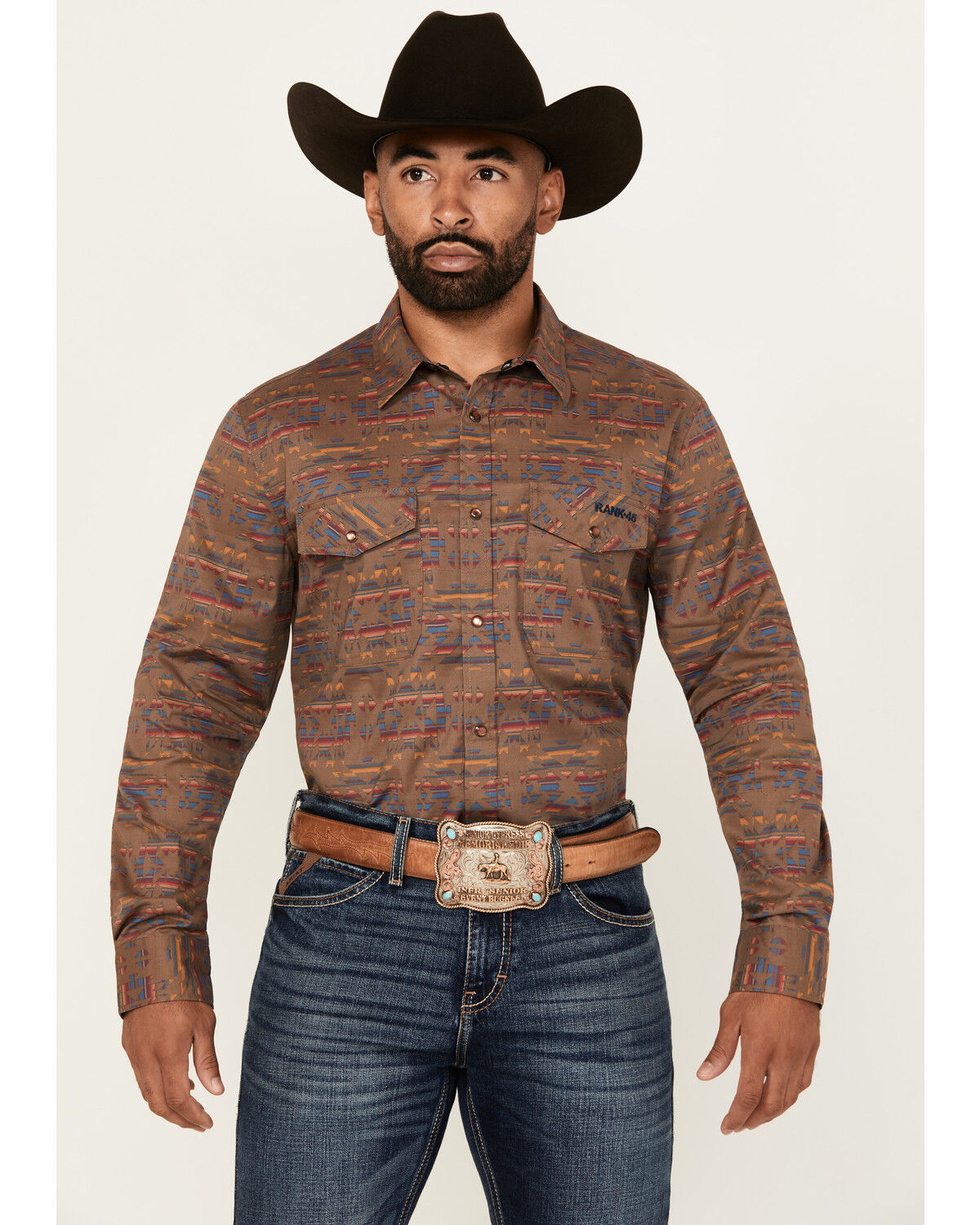 Image #1 - RANK 45® Men's Trinidad Southwestern Print Long Sleeve Pearl Snap Stretch Western Shirt, Red, hi-res