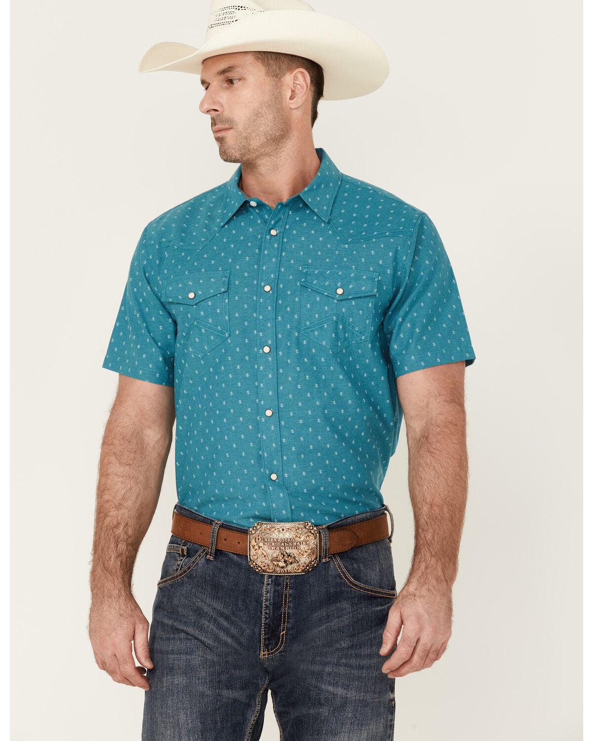 Image #2 - Cody James Men's Field Day Chambray Geo Print Short Sleeve Snap Western Shirt, Blue, hi-res