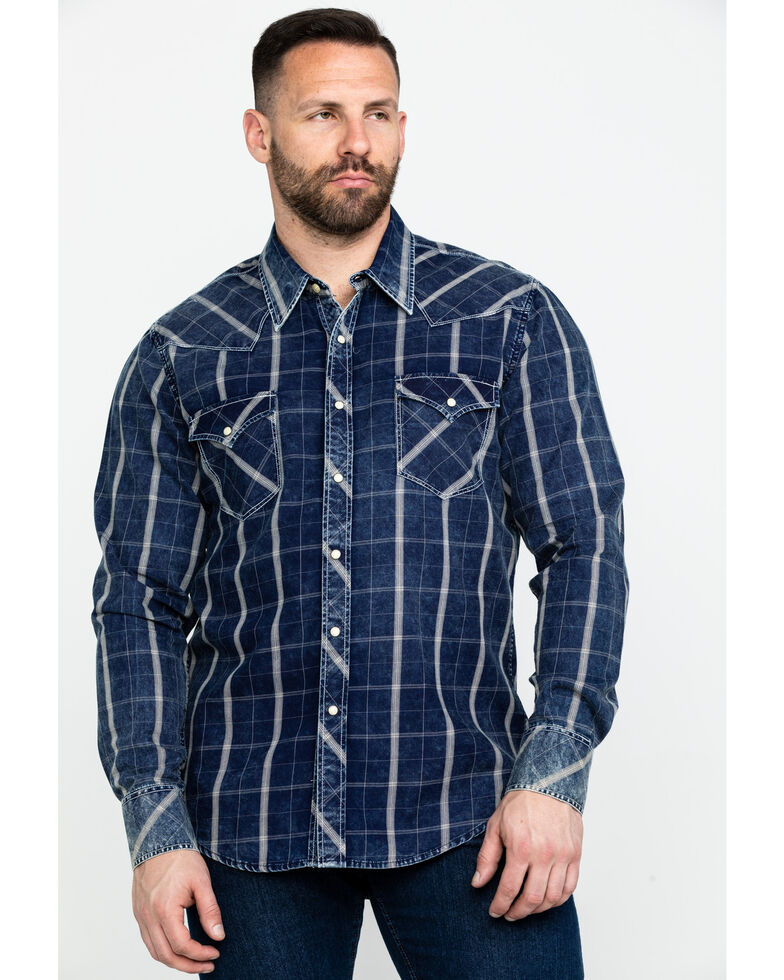 Rock & Roll Denim Men's Crinkle Plaid Long Sleeve Western Shirt , Blue, hi-res