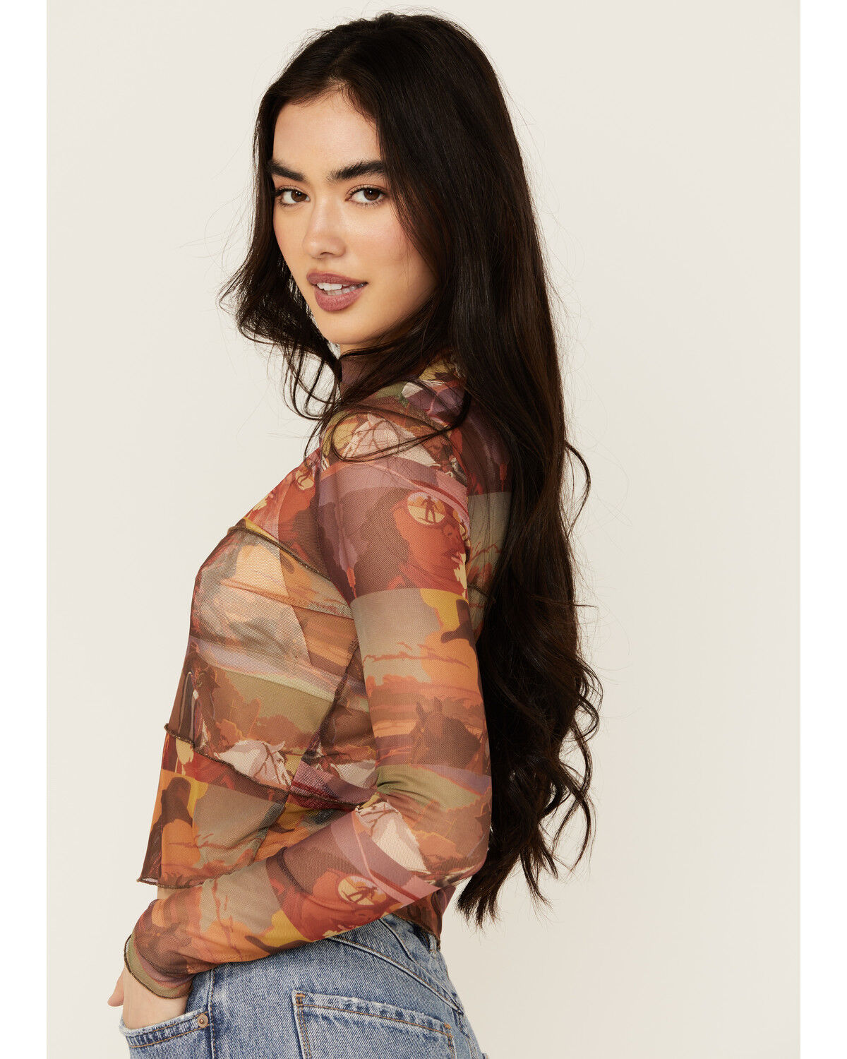 Image #2 - Rock & Roll Denim Women's Scenic Mesh Long Sleeve Top, Brown, hi-res