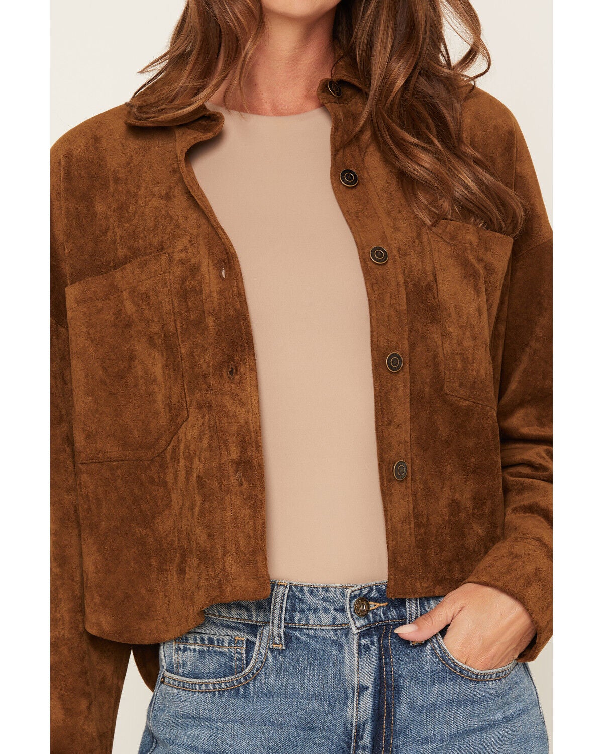 Image #3 - Z Supply Women's Faux Suede Button-Down Cropped Shacket, Tan, hi-res