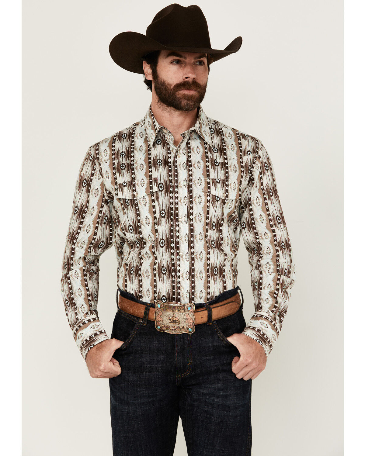 Image #1 - Wrangler Men's Checotah Southwestern Print Long Sleeve Snap Western Shirt, Brown, hi-res