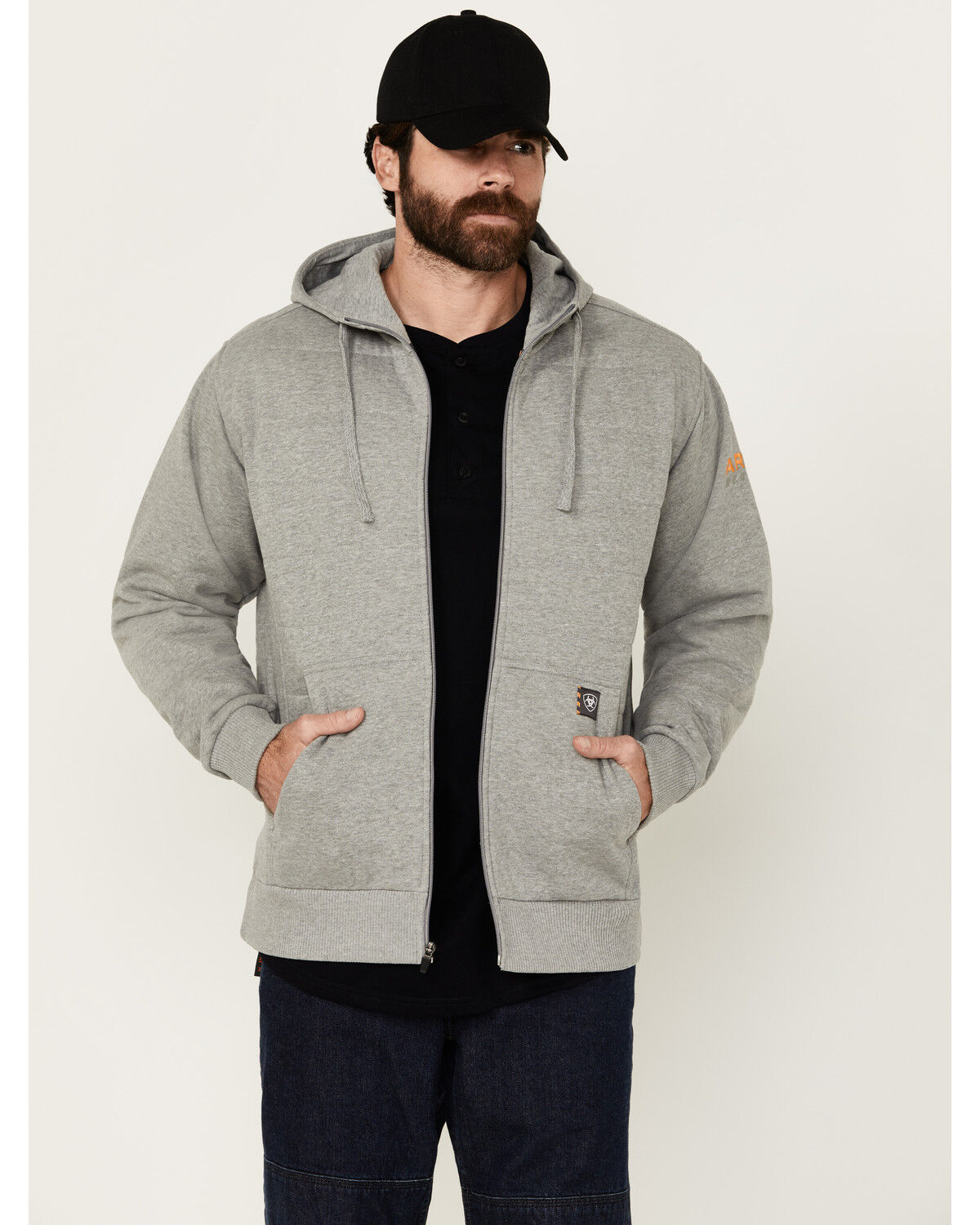 Image #1 - Ariat Men's Rebar All-Weather Insulated Full Zip Hooded Sweatshirt, Grey, hi-res