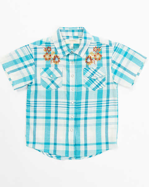 Image #1 - Shyanne Toddler Girls' Embroidered Plaid Print Short Sleeve Western Pearl Snap Shirt, Turquoise, hi-res