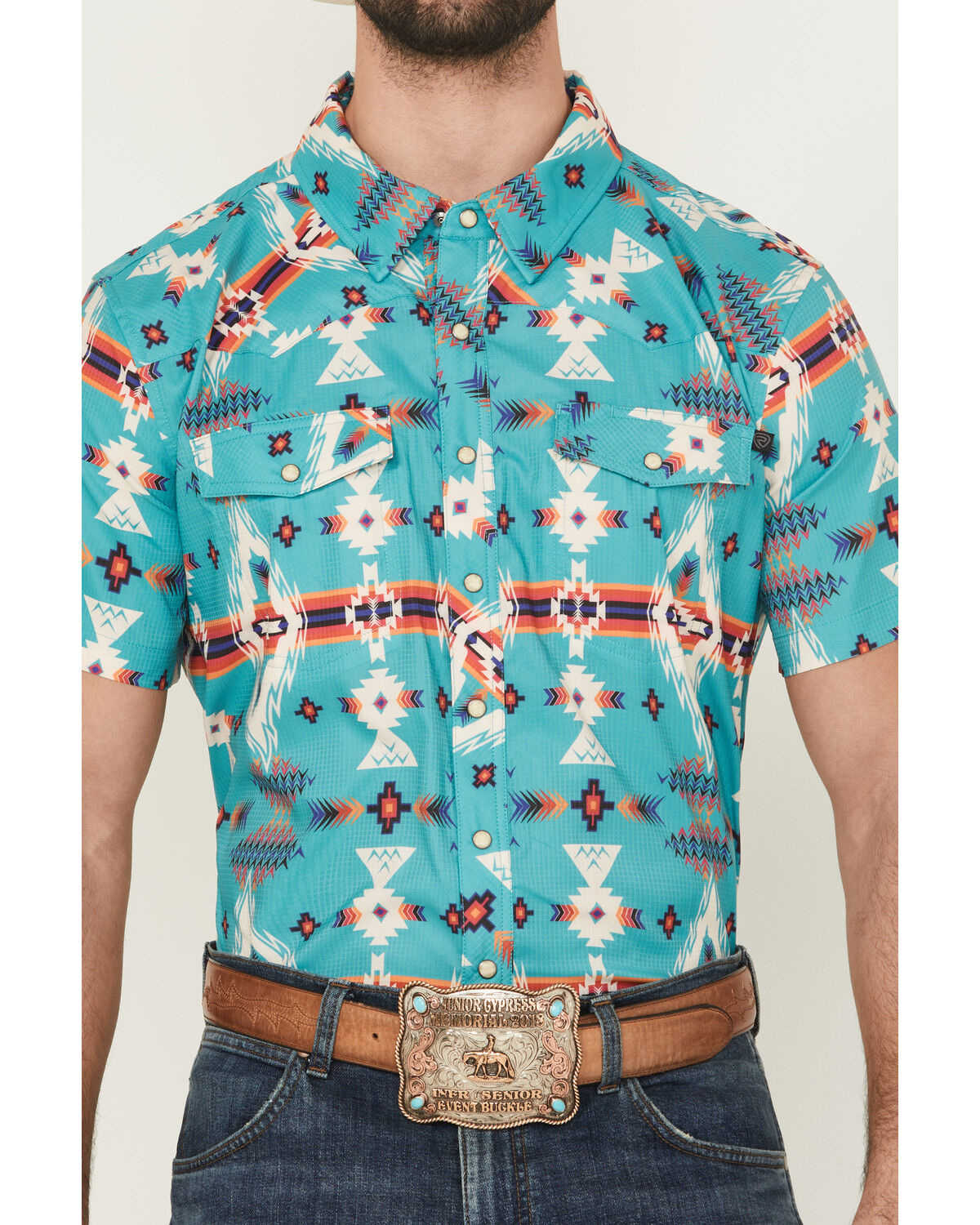 Image #3 - Panhandle Men's Boot Barn Exclusive TEK Southwestern Print Short Sleeve Performance Western Shirt, Turquoise, hi-res