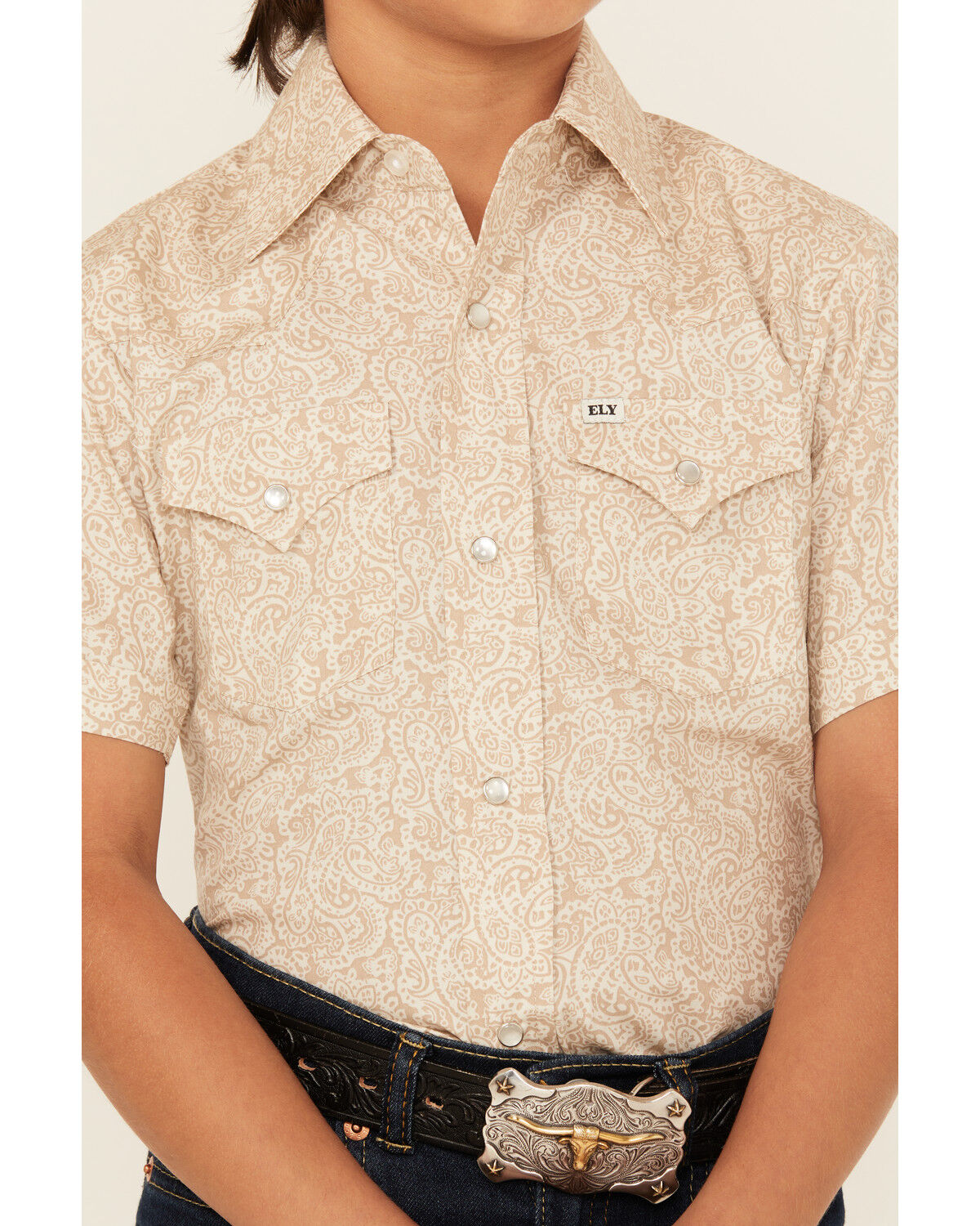 Image #3 - Ely Walker Boys' Paisley Print Short Sleeve Pearl Snap Western Shirt, Khaki, hi-res