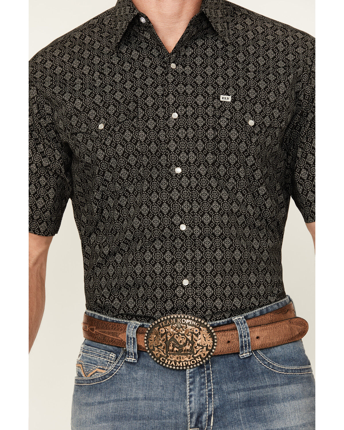 Image #3 - Ely Walker Men's Geo Print Short Sleeve Snap Western Shirt - Tall, Black, hi-res