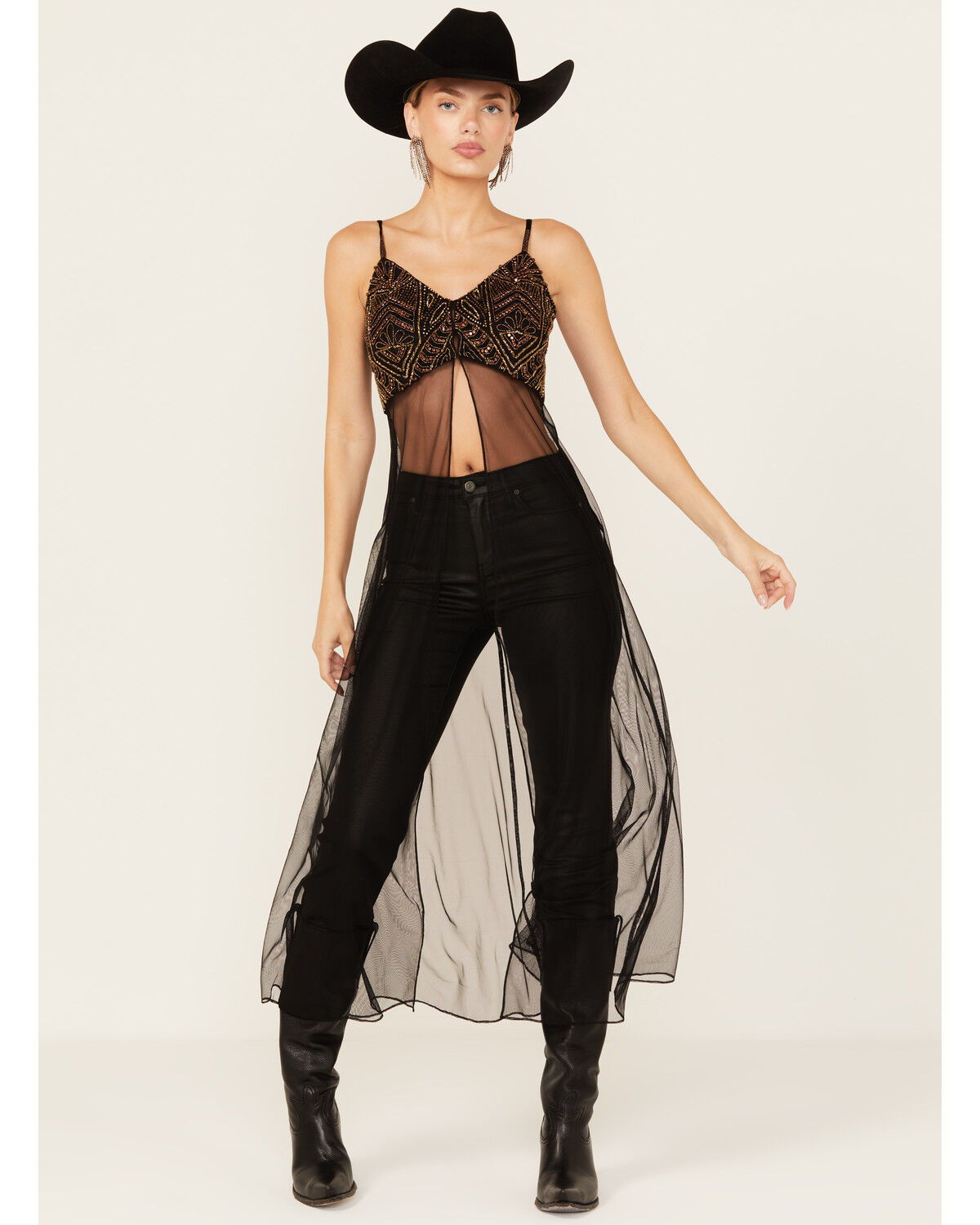 Image #1 - Wonderwest Women's Mountain Trail Embellished Mesh Maxi Cami, Black, hi-res