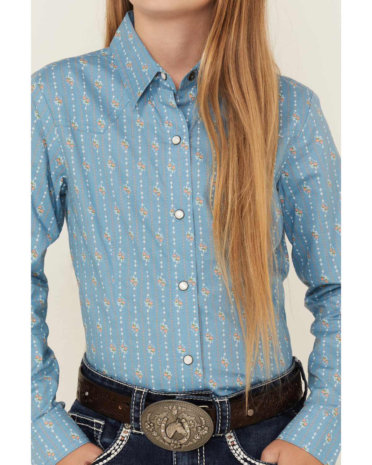Image #3 - Cruel Girl Girls' Floral Striped Long Sleeve Snap Western Shirt, Light Blue, hi-res