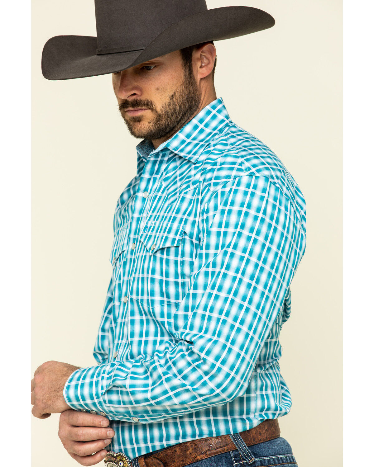 Image #3 - Stetson Men's Cross Walk Ombre Plaid Long Sleeve Western Shirt, Turquoise, hi-res