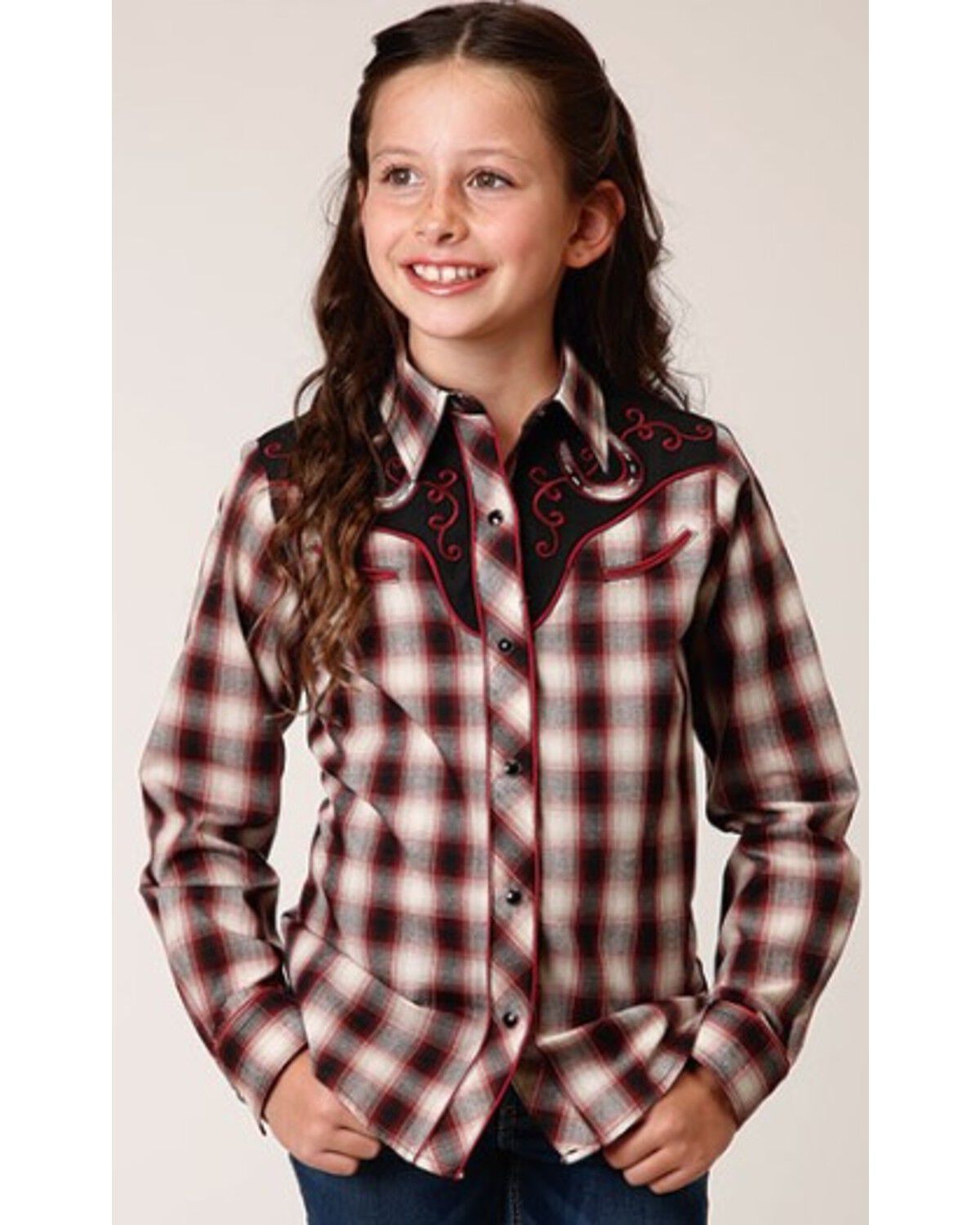 Image #1 - Roper Girls' Plaid Print Long Sleeve Snap Western Shirt, Wine, hi-res