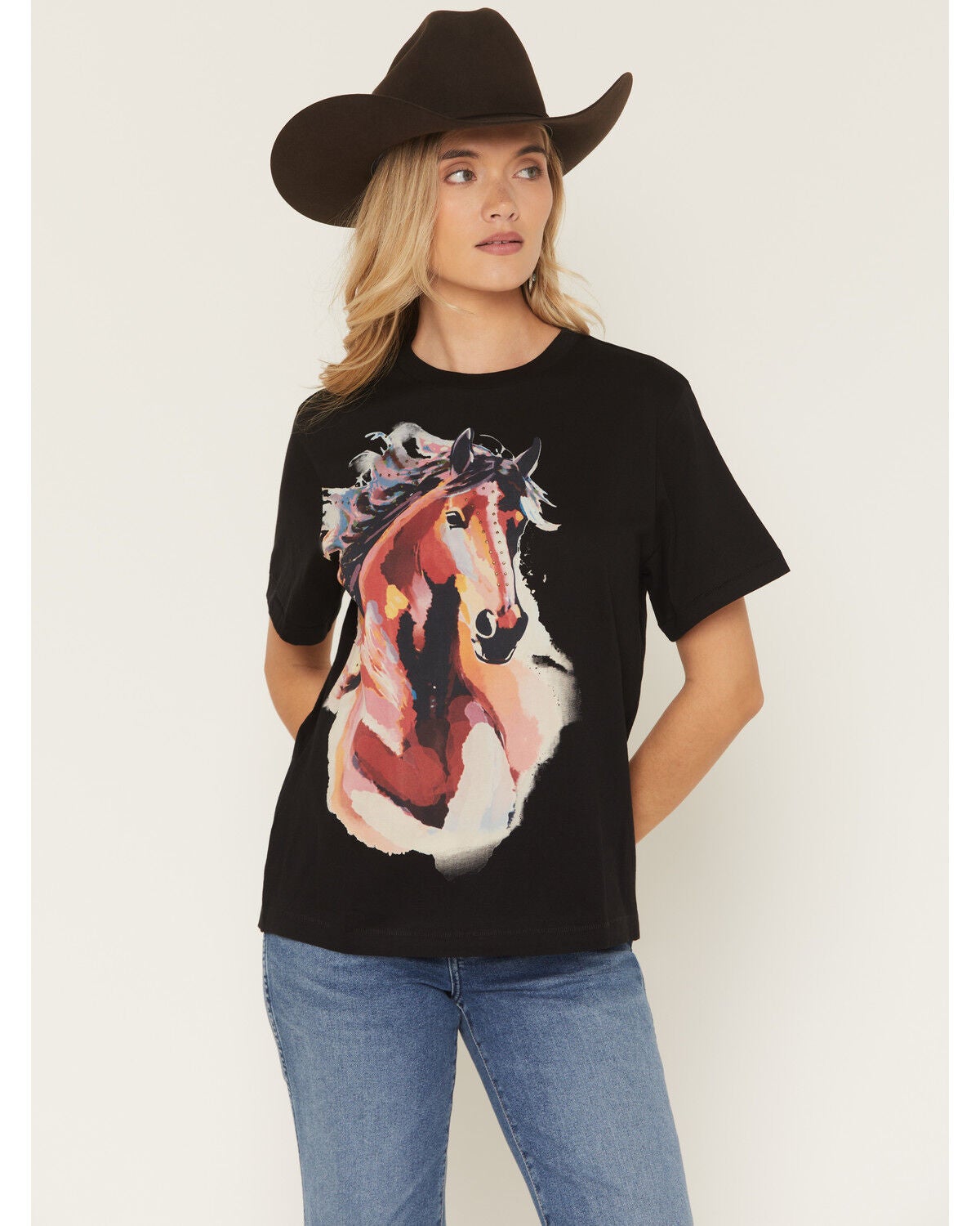 Shyanne Women's Horse Rhinestone Short Sleeve Graphic T-Shirt, Black, hi-res