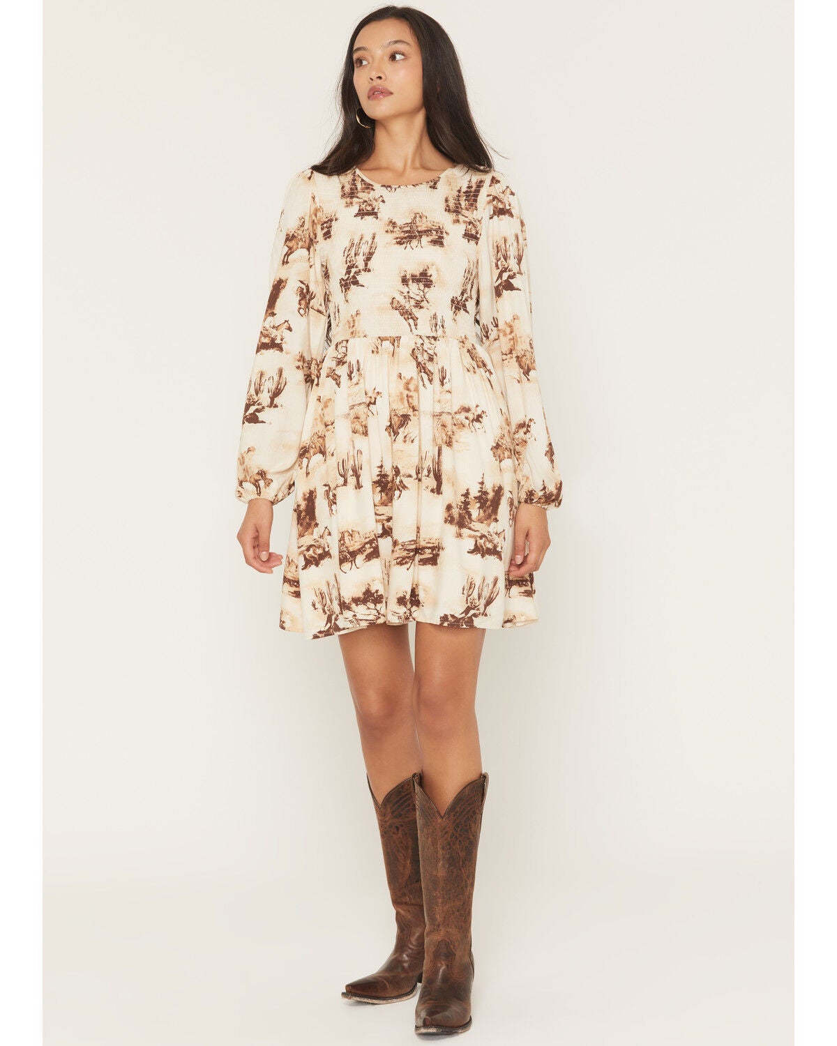 Wrangler Retro Women's Horses Conversational Print Long Sleeve Smocked Mini Dress, Cream, hi-res