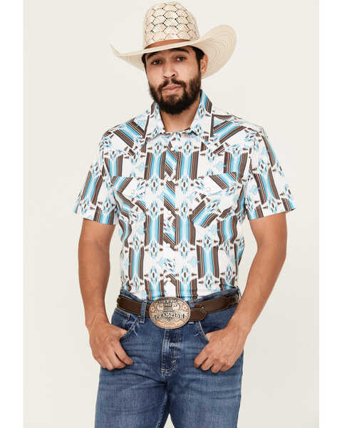 Rock & Roll Denim Men's Southwestern Print Short Sleeve Pearl Snap Stretch Western Shirt , White, hi-res