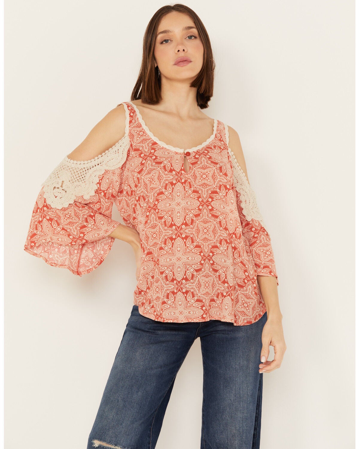 Image #1 - Wild Moss Women's Medallion Cold Shoulder Top, Rust Copper, hi-res