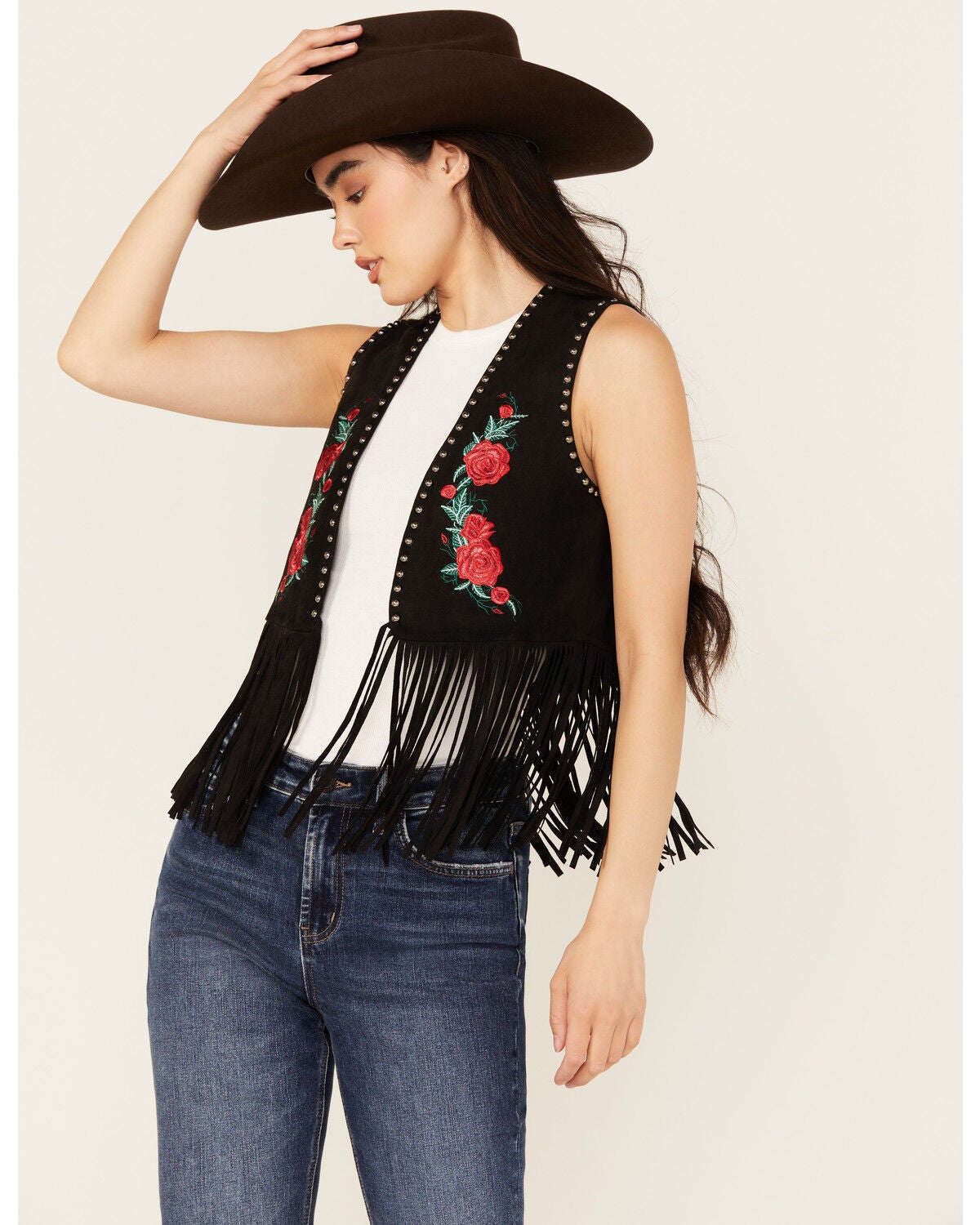 Vocal Women's Embroidered Rose Faux Suede Fringe Vest, Black, hi-res