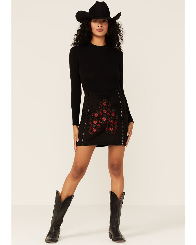 Shyanne Women's Black Embroidered Faux Suede Mini Skirt , Black, hi-res