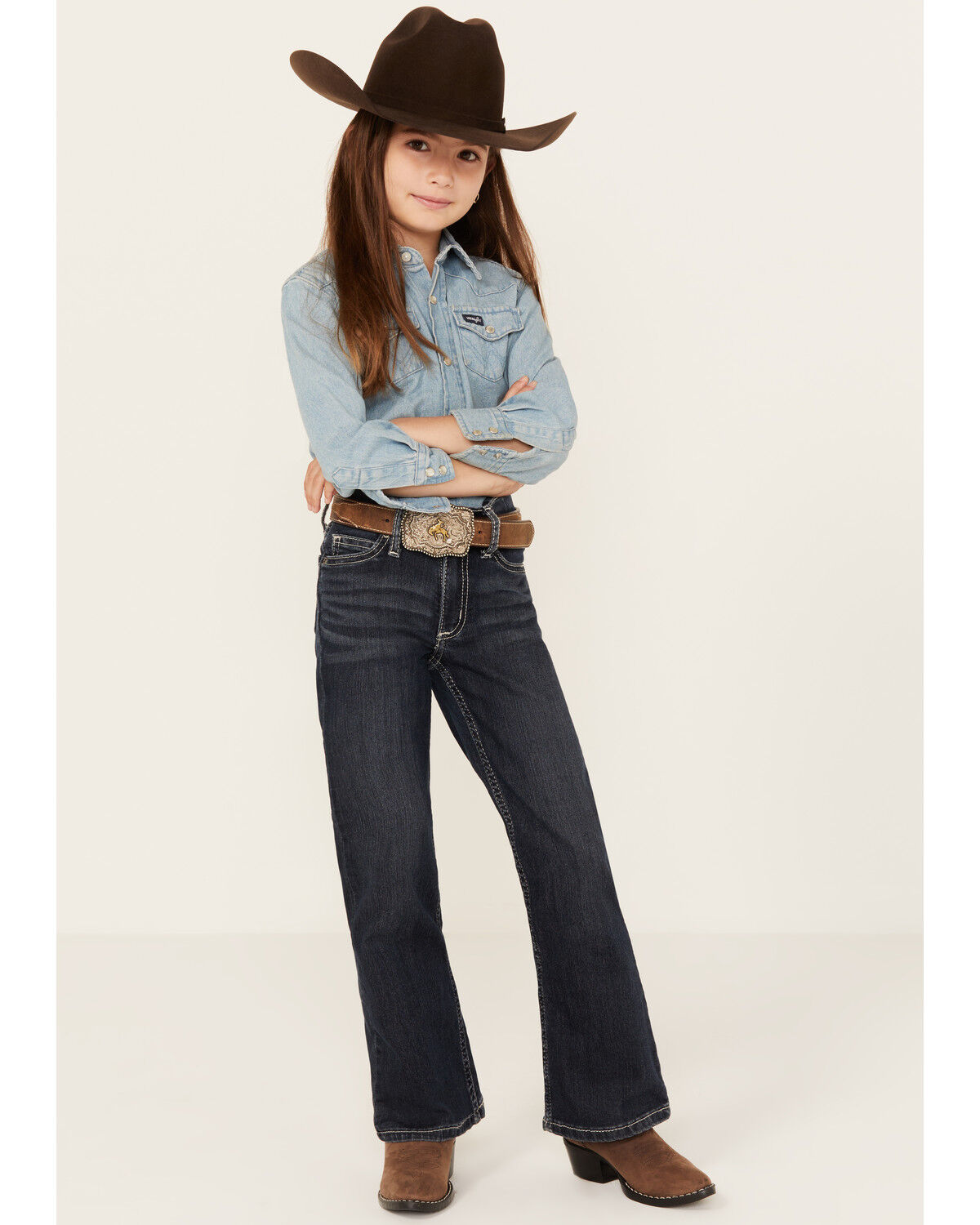 Image #3 - Wrangler Girls' "W" Swish Embroidery Bootcut Jeans, Indigo, hi-res
