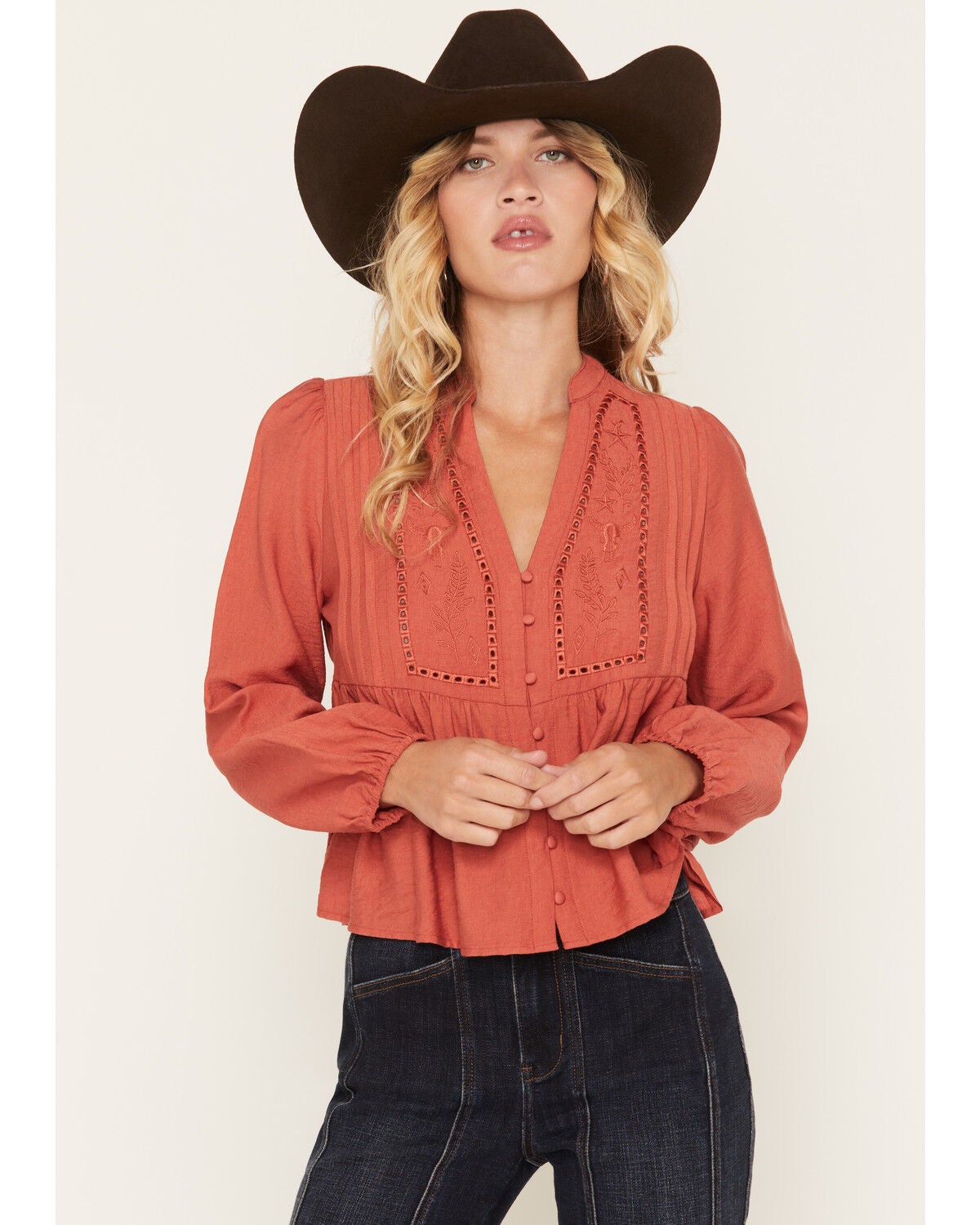 Wild Moss Women's Western Embroidered Long Sleeve Peasant Top, Rust Copper, hi-res