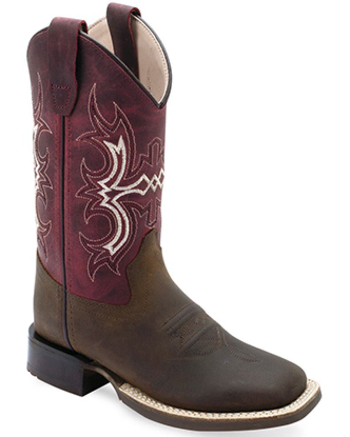 Image #1 - Old West Boys' Hand Corded Western Boots - Broad Square Toe, Burgundy, hi-res