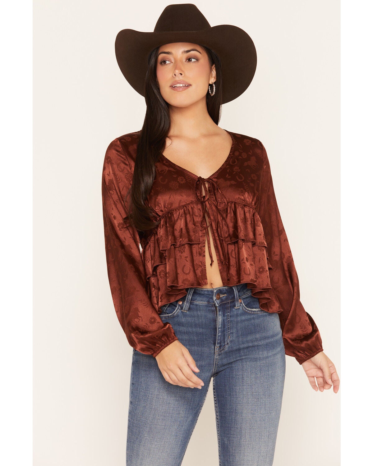 Image #1 - Wild Moss Women's Western Jacquard Front Tie Blouse, Rust Copper, hi-res