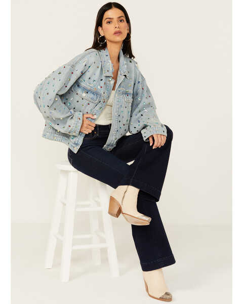 BLANKNYC Women's Medium Wash Embellished Denim Trucker Jacket , Medium Wash, hi-res