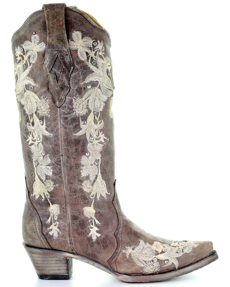 Corral Women's Flower Embroidery Western Boots - Snip Toe, Coffee, hi-res