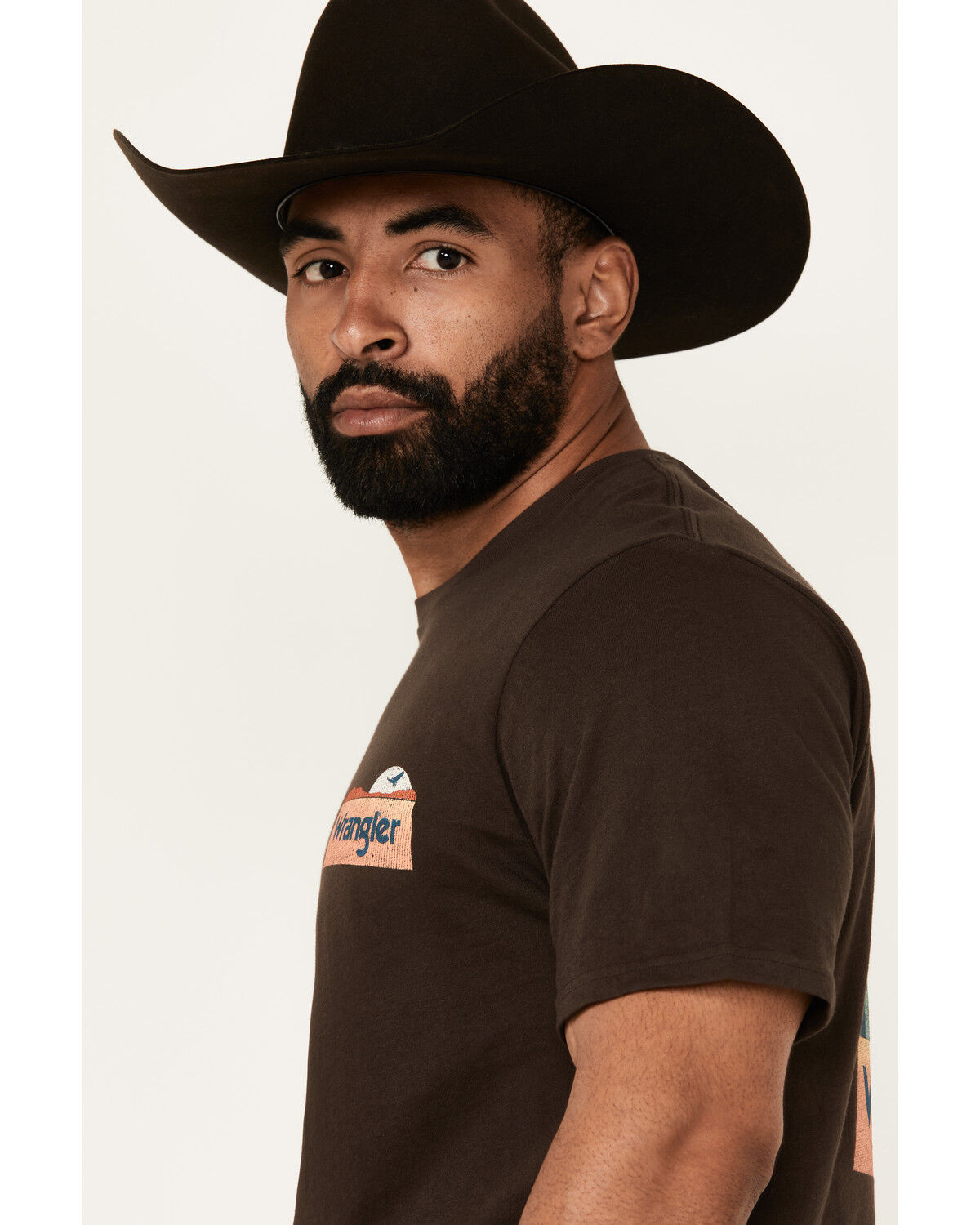 Image #3 - Wrangler Men's Boot Barn Exclusive Desert Scene Short Sleeve Graphic T-Shirt, Chocolate, hi-res