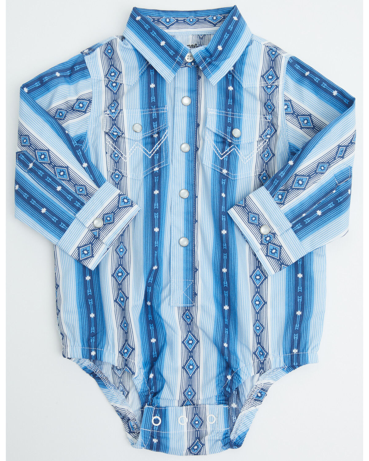 Image #1 - Wrangler Infant Boys' Southwestern Striped Long Sleeve Pearl Snap Onesie, Blue, hi-res