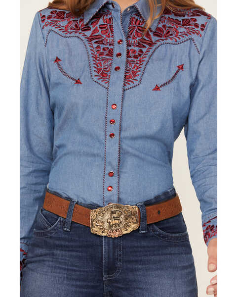 Image #3 - Scully Women's Floral Tooled Embroidered Long Sleeve Pearl Snap Western Shirt, Red, hi-res