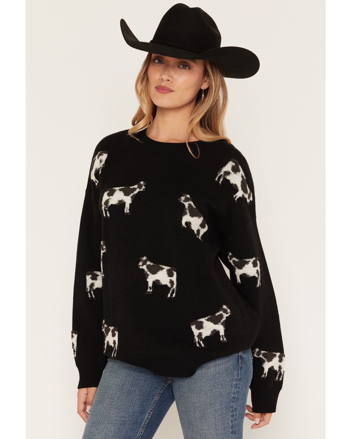 Image #1 - Originality Women's Cow Tunic Sweater, Black, hi-res