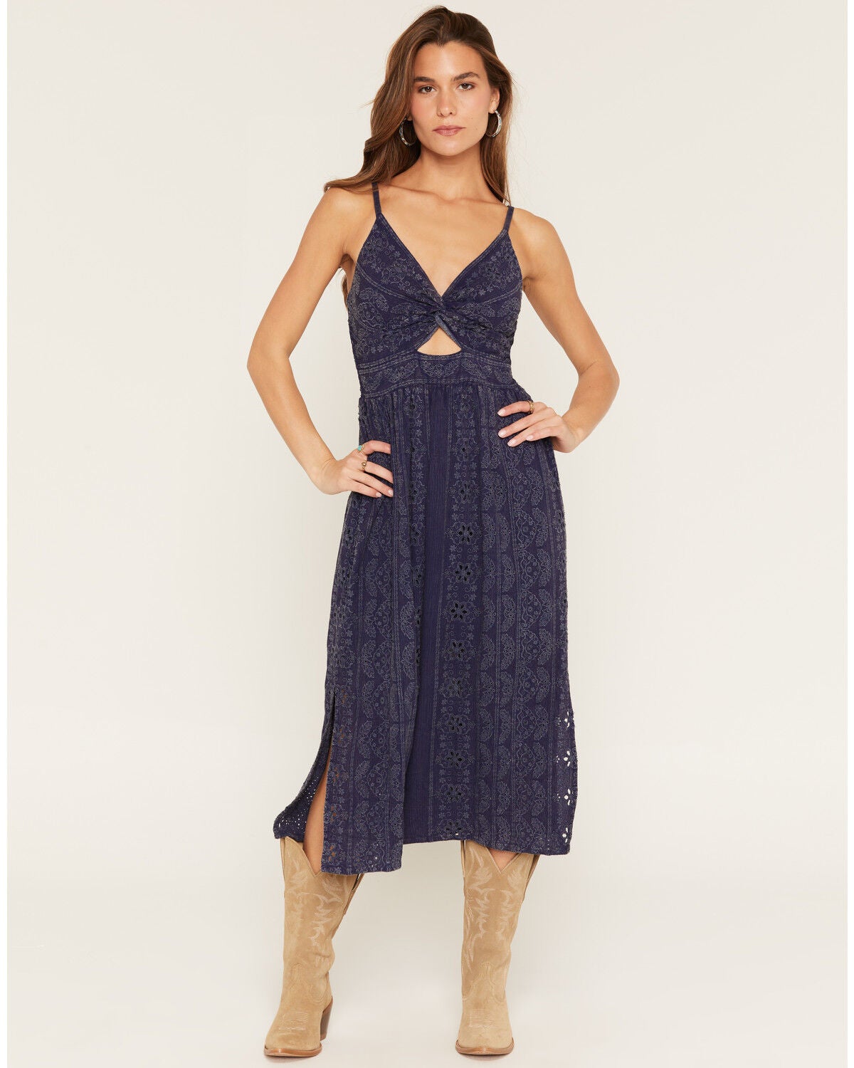 Image #1 - Angie Women's Acid Washed Eyelet Sleeveless Midi Dress, Blue, hi-res