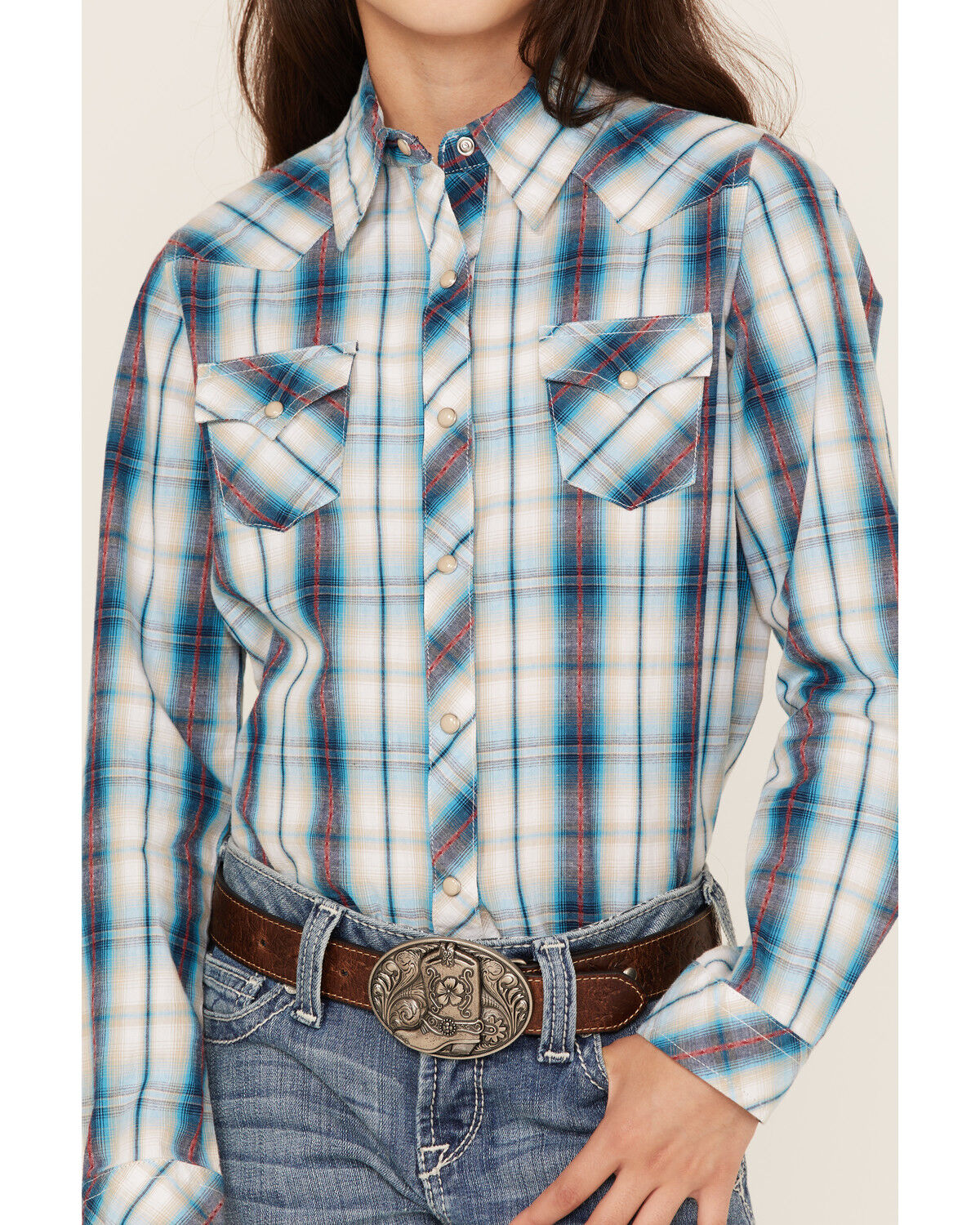 Image #3 - Roper Girls' West Made Plaid Print Long Sleeve Western Snap Shirt, Blue, hi-res