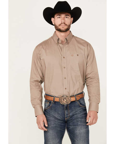 George Strait by Wrangler Men's Long Sleeve Button-Down Western Performance Shirt, Tan, hi-res