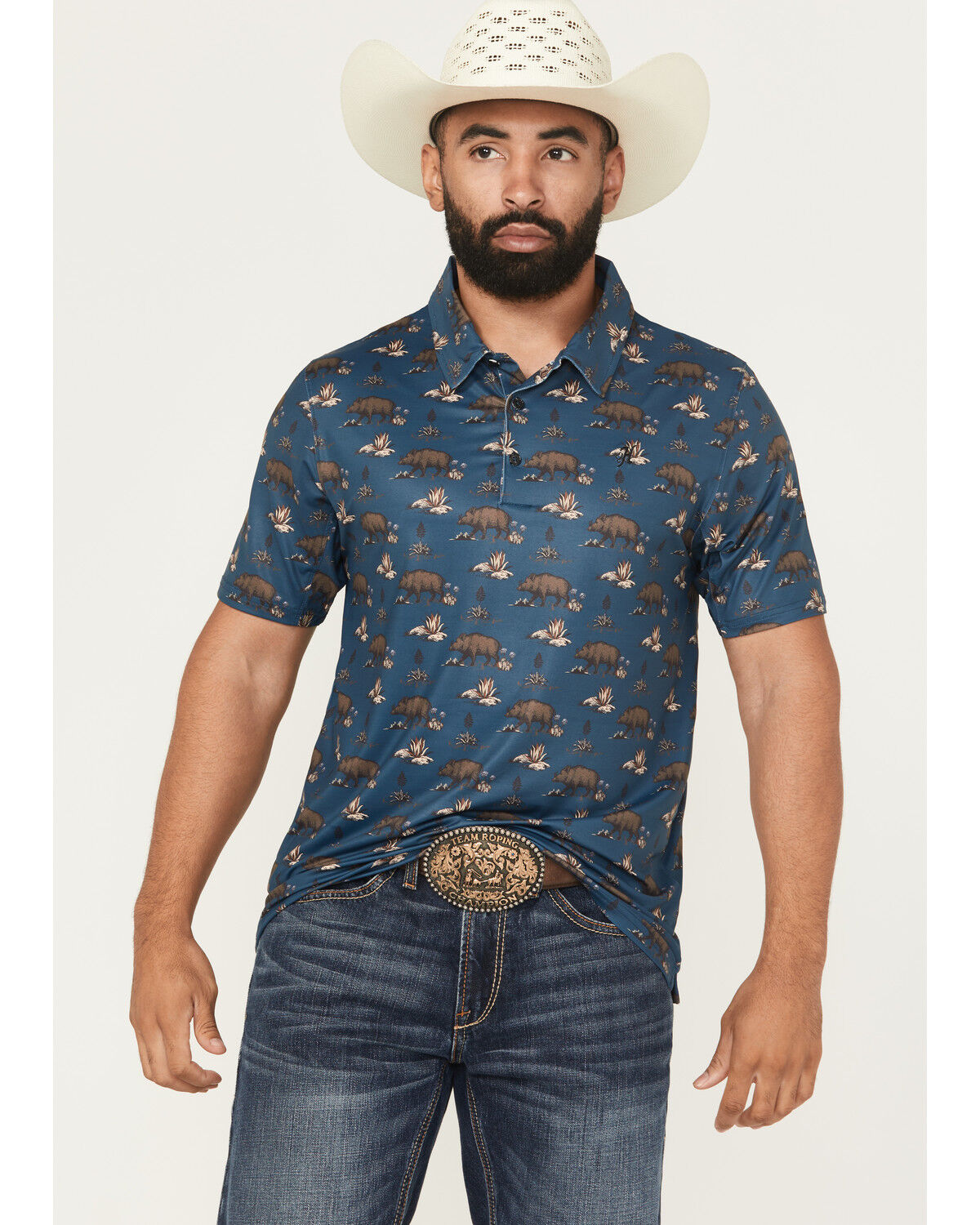 Image #1 - Hooey Men's The Weekender Printed Short Sleeve Button-Down Performance Polo, Blue, hi-res