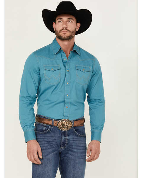 Wrangler Retro Men's Premium Solid Long Sleeve Snap Western Shirt, Teal, hi-res