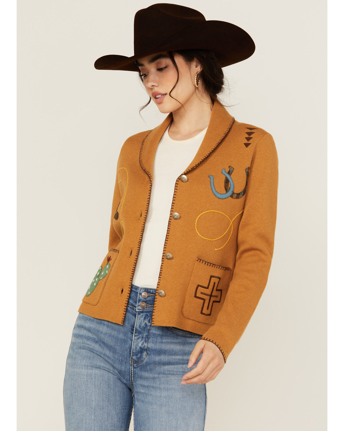 Image #1 - Pendleton Women's Conversational Print Embroidered Cardigan, Brown, hi-res