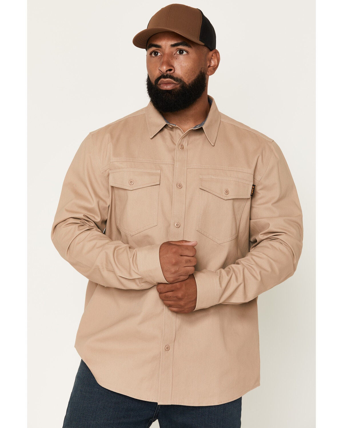Hawx Men's Solid Long Sleeve Button-Down Work Shirt, Khaki, hi-res