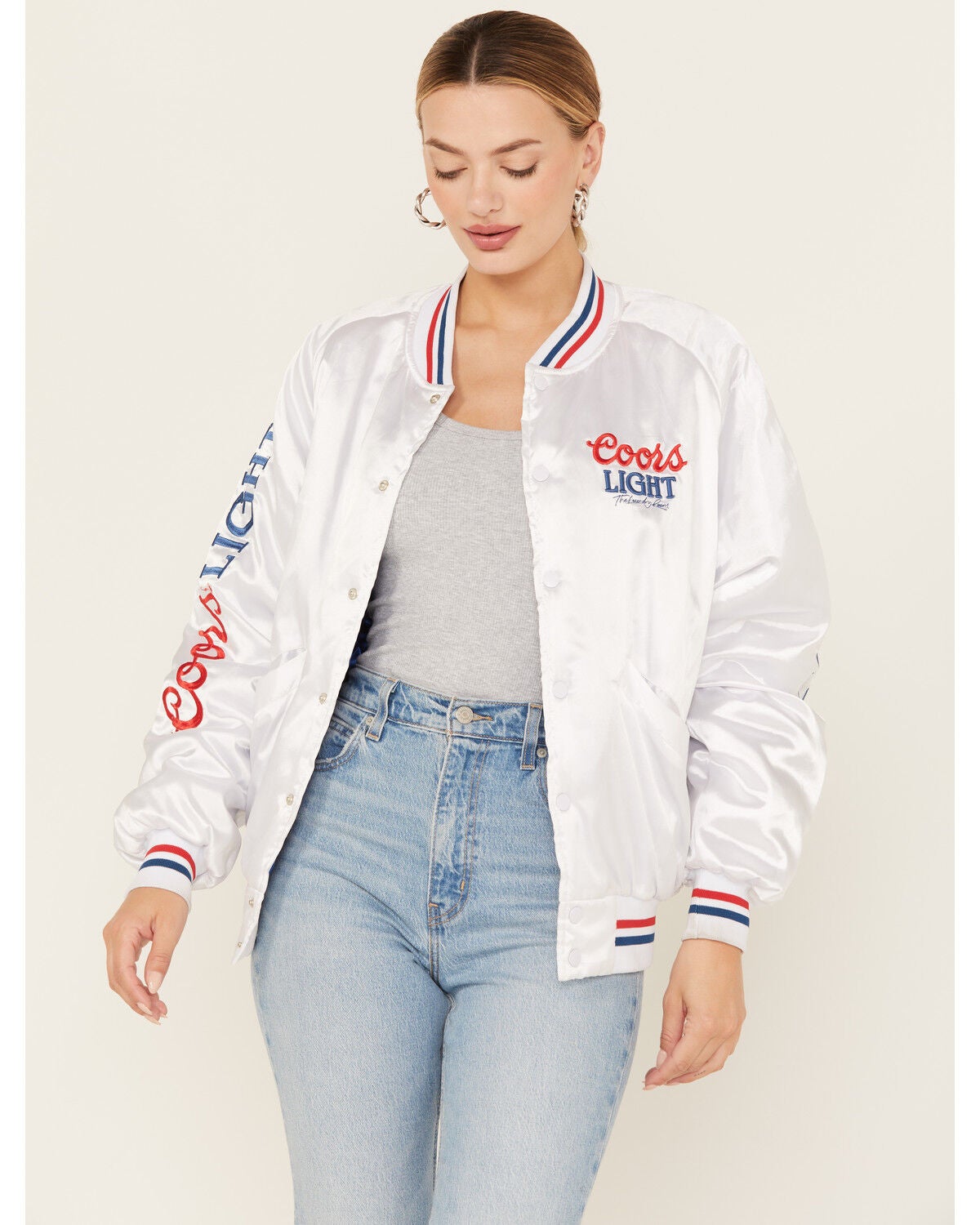 The Laundry Room Women's Faux Satin Coors Light Bomber Jacket, White, hi-res
