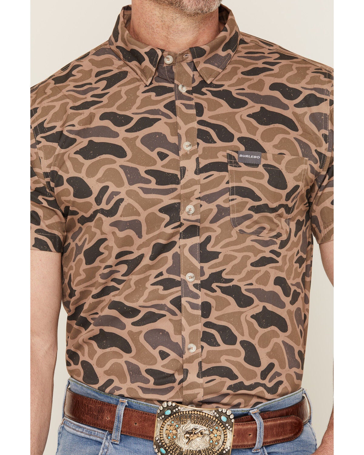 Image #3 - Burlebo Men's Camo Print Short Sleeve Button-Down Western Shirt, Camouflage, hi-res