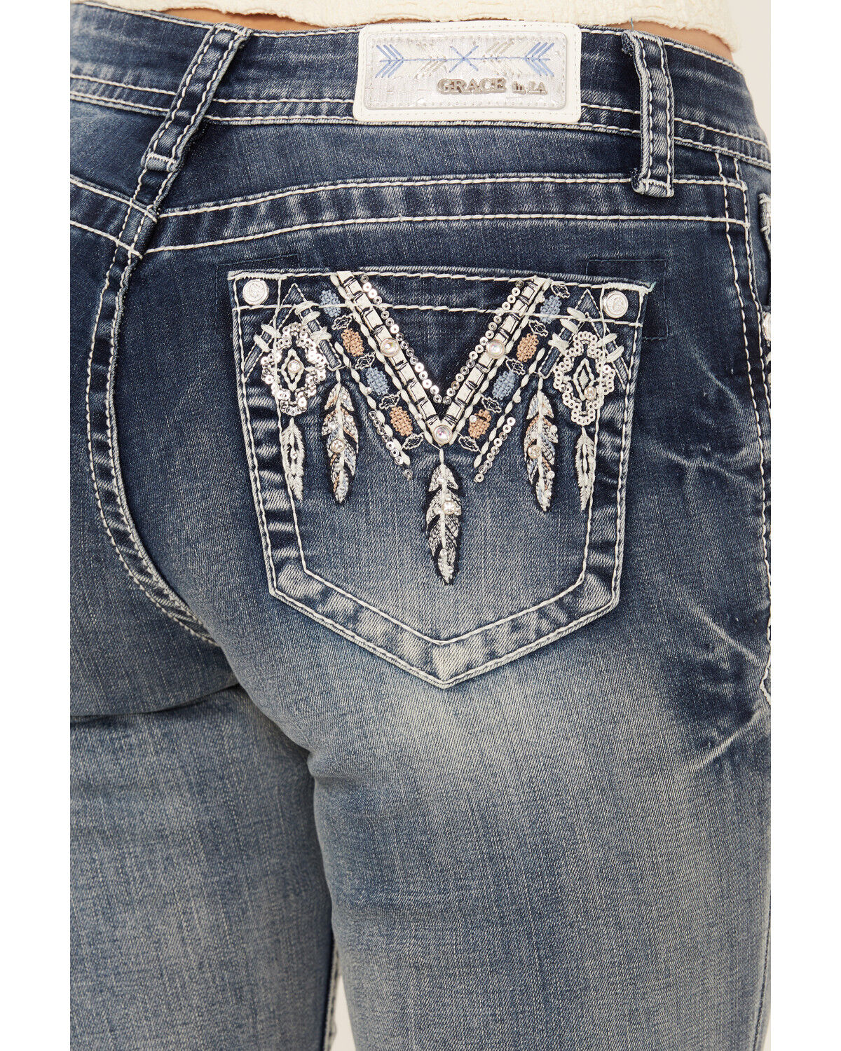 Image #2 - Grace In LA Women's Medium Wash Dreamcatcher Sequin Bootcut Stretch Denim Jeans, Medium Wash, hi-res