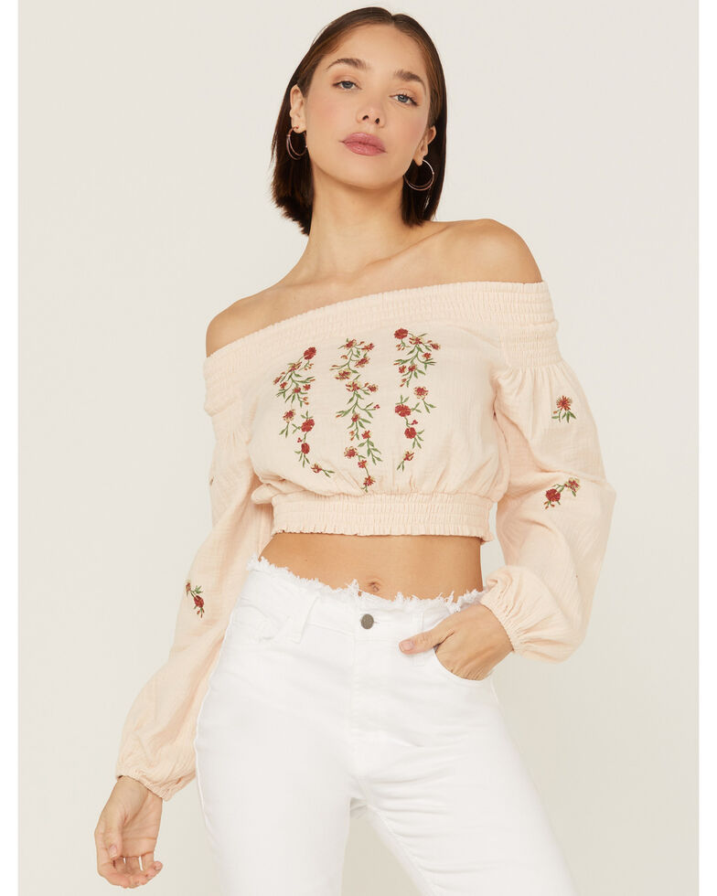 Shyanne Women's Floral Embroidered Off Shoulder Taupe Long Sleeve Crop Top, Taupe, hi-res