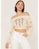 Image #1 - Shyanne Women's Floral Embroidered Off Shoulder Taupe Long Sleeve Crop Top, Taupe, hi-res