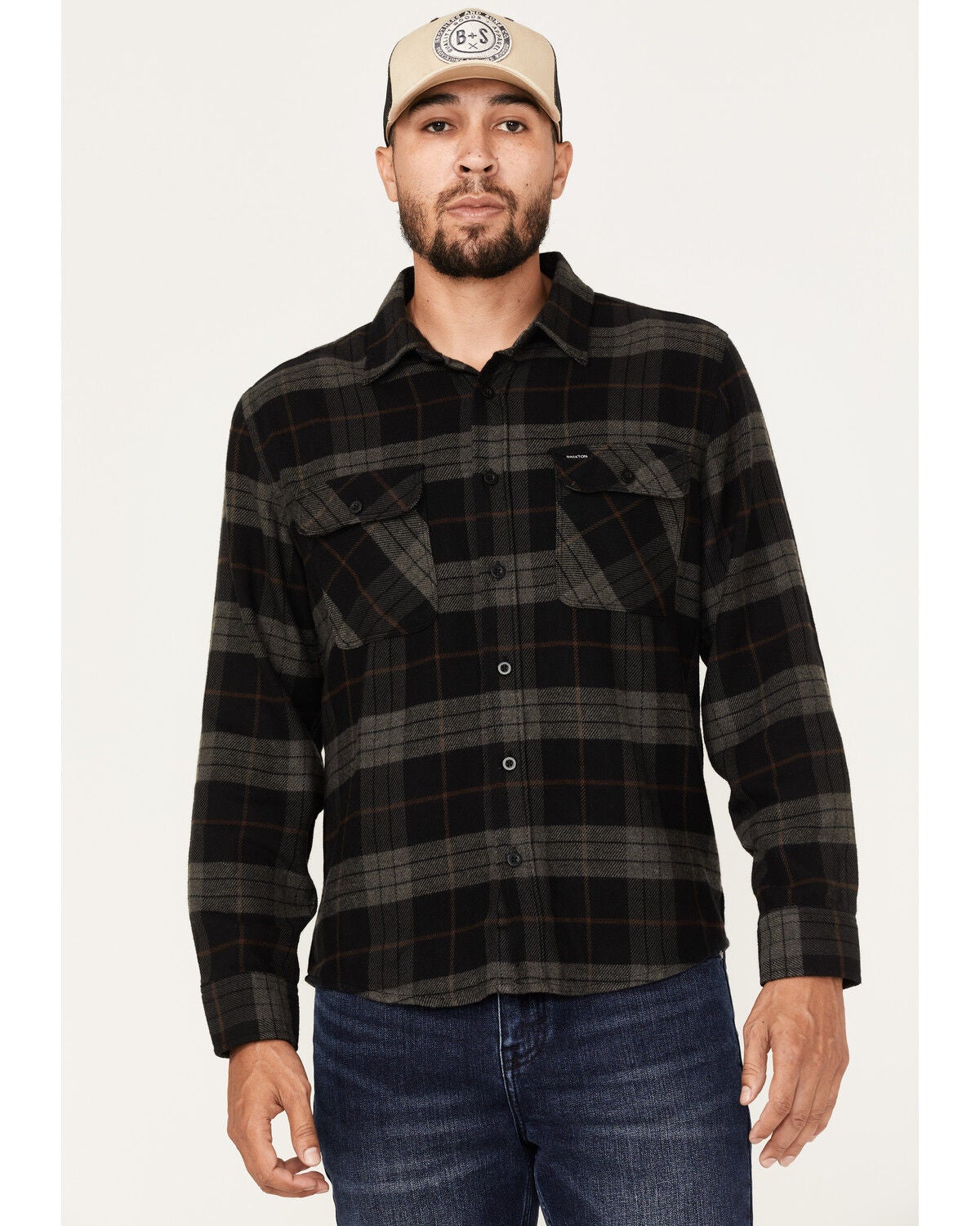 Brixton Men's Bowery Plaid Print Long Sleeve Button-Down Flannel Shirt, Black, hi-res