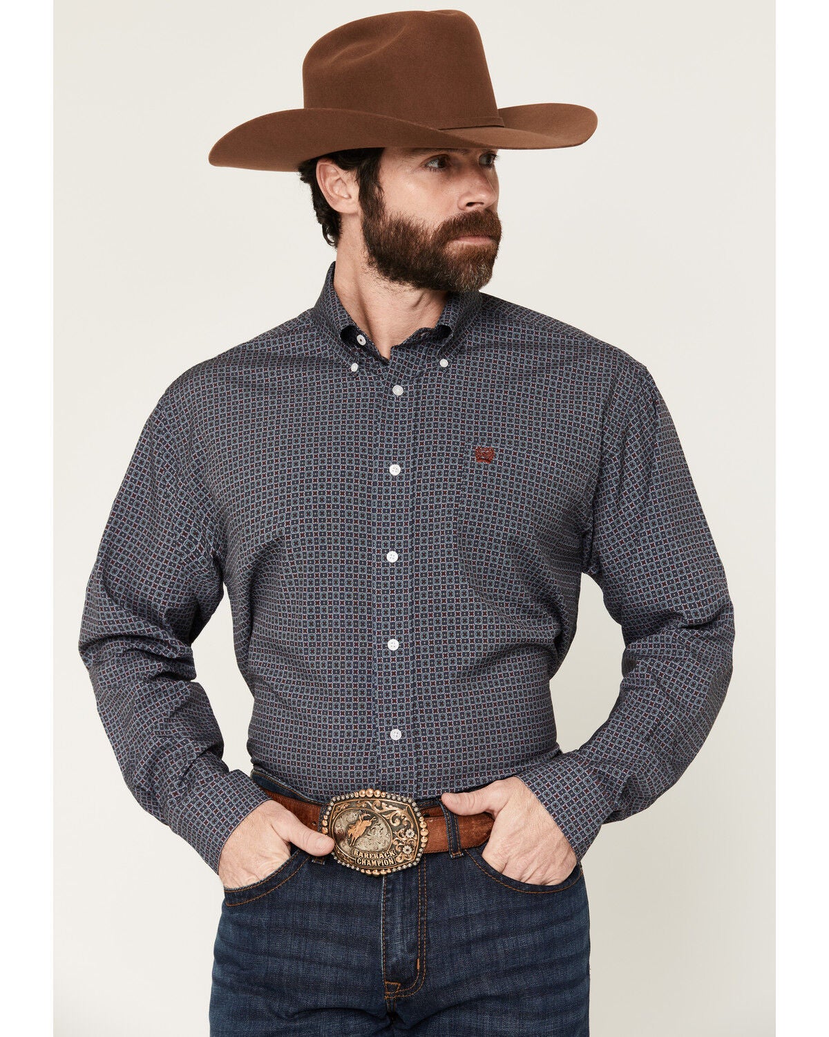 Image #1 - Cinch Men's Geo Print Long Sleeve Button-Down Stretch Western Shirt, Blue, hi-res