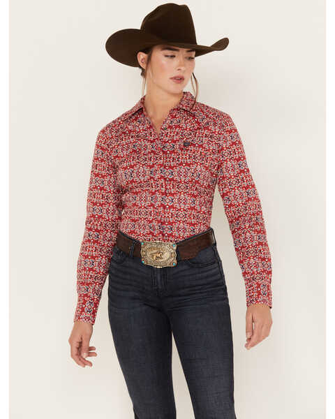 Image #1 - Cinch Women's Southwestern Print Long Sleeve Snap Western Shirt, Red, hi-res