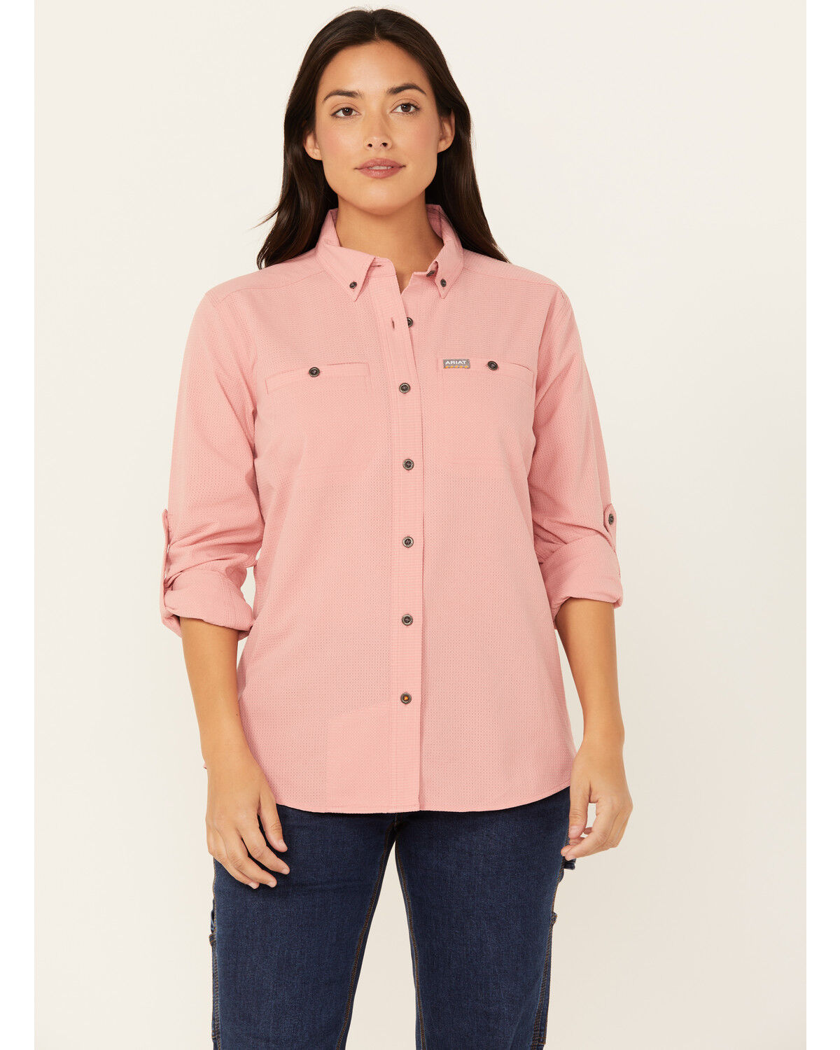 Image #1 - Ariat Women's Rebar Made Tough Long Sleeve Button-Down Work Shirt, Dark Pink, hi-res