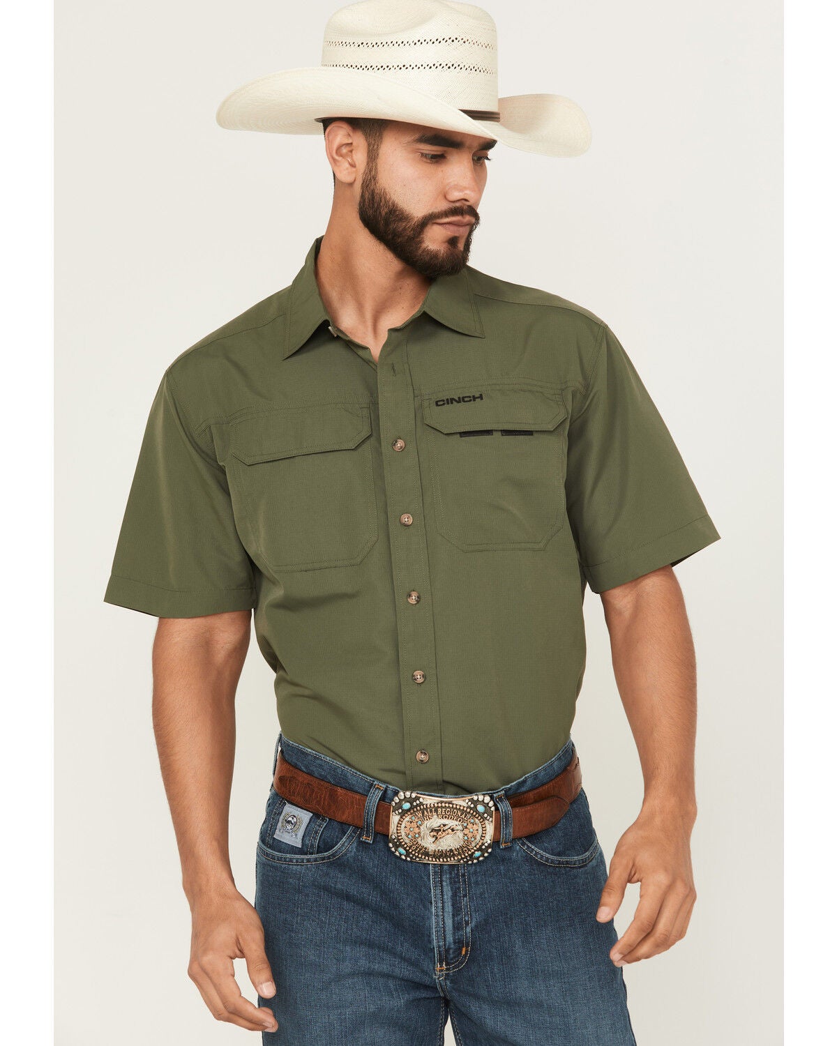 Image #1 - Cinch Men's Solid Short Sleeve Button-Down Performance Stretch Western Shirt, Green, hi-res