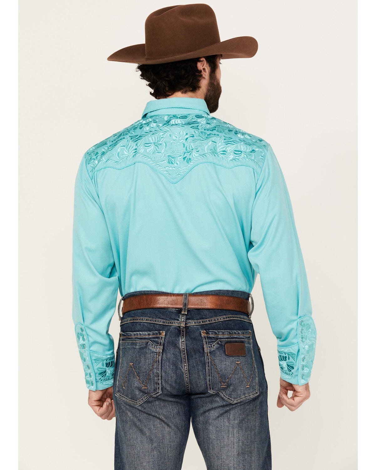 Image #4 - Scully Men's Gunfighter Tonal Embroidered Long Sleeve Snap Western Shirt, Turquoise, hi-res