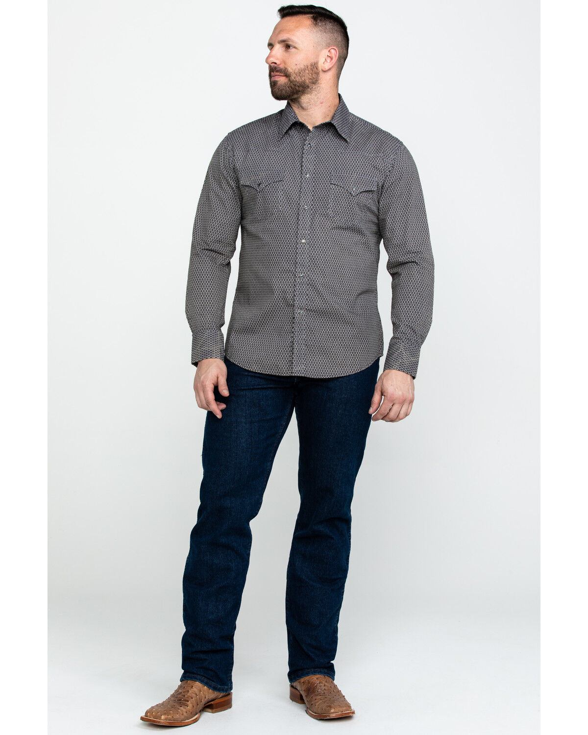 Image #6 - Rock & Roll Denim Men's Brown Washed Poplin Print Long Sleeve Western Shirt, Brown, hi-res